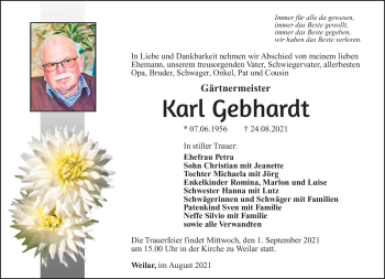 Traueranzeige von Karl Gebhardt von Südthüringer Presse
