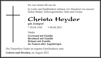 Traueranzeige von Christa Heyder von Südthüringer Presse