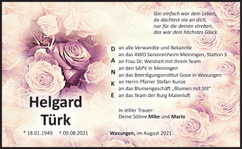 Traueranzeige von Helgard Türk von Südthüringer Presse
