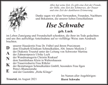 Traueranzeige von Ilse Schwabe von Südthüringer Presse
