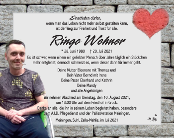Traueranzeige von Ringo Wehner von Südthüringer Presse