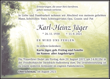 Traueranzeige von Karl-Heinz Jäger von Südthüringer Presse
