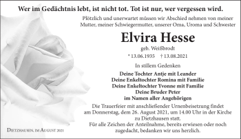 Traueranzeige von Elvira Hesse von Südthüringer Presse