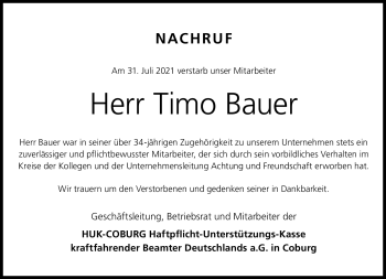 Traueranzeige von Timo Bauer von Neue Presse Coburg
