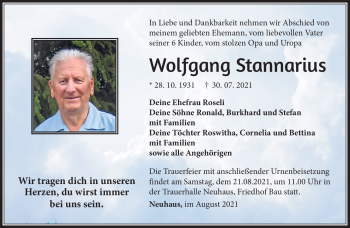 Traueranzeige von Wolfgang Stannarius von Südthüringer Presse