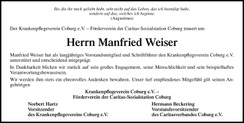 Traueranzeige von Manfried Weiser von Neue Presse Coburg