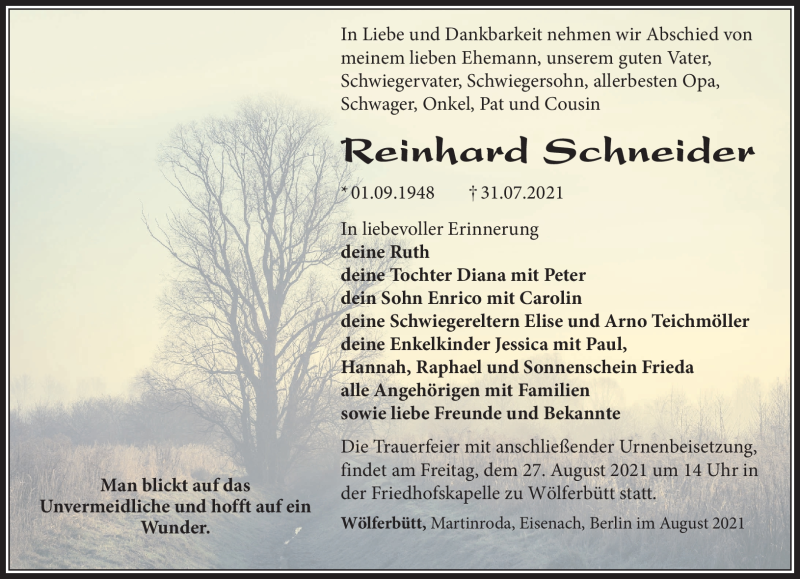  Traueranzeige für Reinhard Schneider vom 24.08.2021 aus Südthüringer Presse
