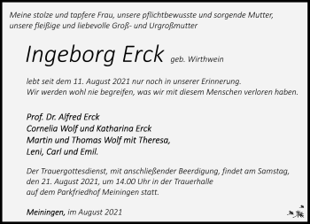 Traueranzeige von Ingeborg Erck von Südthüringer Presse