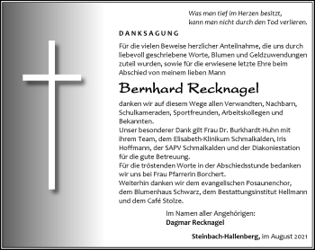 Traueranzeige von Bernhard Recknagel von Südthüringer Presse