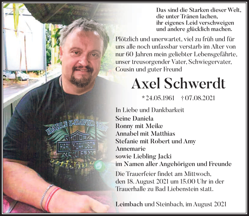  Traueranzeige für Axel Schwerdt vom 14.08.2021 aus Südthüringer Presse