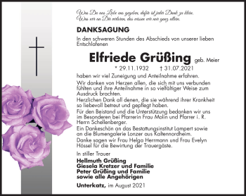 Traueranzeige von Elfriede Grüßing von Südthüringer Presse