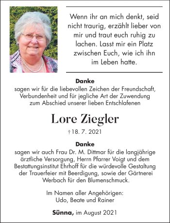 Traueranzeige von Lore Ziegler von Südthüringer Presse