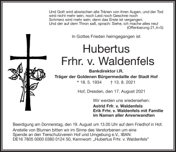 Traueranzeige von Hubertus Frhr. v. Waldenfels von Frankenpost