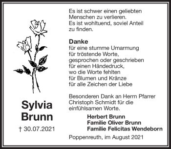 Traueranzeige von Sylvia Brunn von Frankenpost