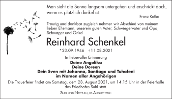 Traueranzeige von Reinhard Schenkel von Südthüringer Presse