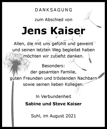 Traueranzeige von Jens Kaiser von Südthüringer Presse