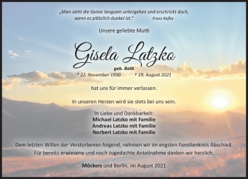 Traueranzeige von Gisela Latzko von Südthüringer Presse