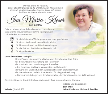 Traueranzeige von Maria Kieser von Südthüringer Presse