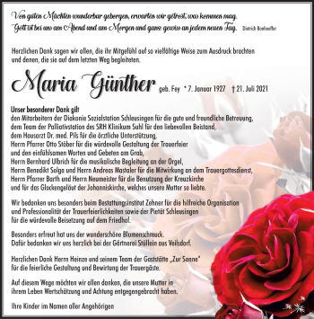 Traueranzeige von Maria Günther von Südthüringer Presse