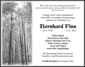 Traueranzeige von Bernhard Finn von Südthüringer Presse