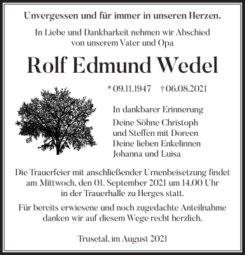 Traueranzeige von Rolf Edmund Wedel von Südthüringer Presse