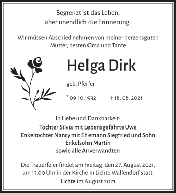 Traueranzeige von Helga Dirk von Südthüringer Presse