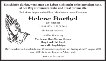 Traueranzeige von Helene Barthel von Südthüringer Presse