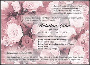 Traueranzeige von Kristin Löhn von Südthüringer Presse