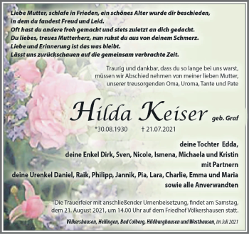Traueranzeige von Hilda Keiser von Südthüringer Presse