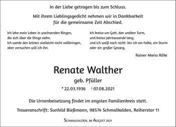 Traueranzeige von Renate Walther von Südthüringer Presse