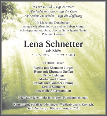 Traueranzeige von Lena Schnetter von Südthüringer Presse