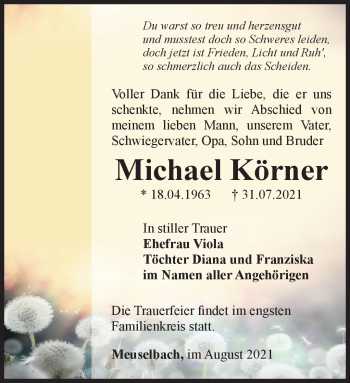 Traueranzeige von Michael Körner von Südthüringer Presse