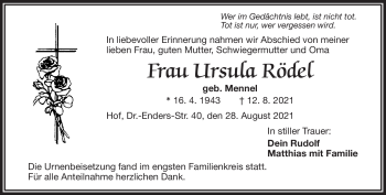 Traueranzeige von Ursula Rödel von Frankenpost