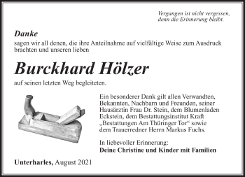 Traueranzeige von Burckhard Hölzer von Südthüringer Presse
