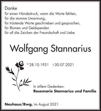 Traueranzeige von Wolfgang Stannarius von Südthüringer Presse