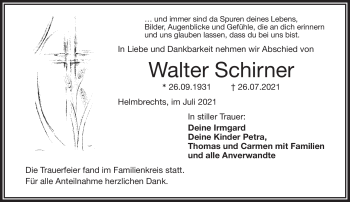 Traueranzeige von Walter Schirner von Frankenpost
