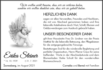 Traueranzeige von Erika Steiner von Südthüringer Presse