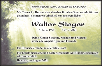 Traueranzeige von Walter Steger von Südthüringer Presse