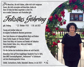 Traueranzeige von Felitzitas Göhring von Südthüringer Presse