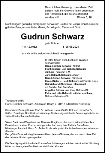 Traueranzeige von Gudrun Schwarz von Frankenpost