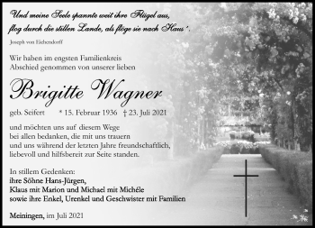 Traueranzeige von Brigitte Wagner von Südthüringer Presse