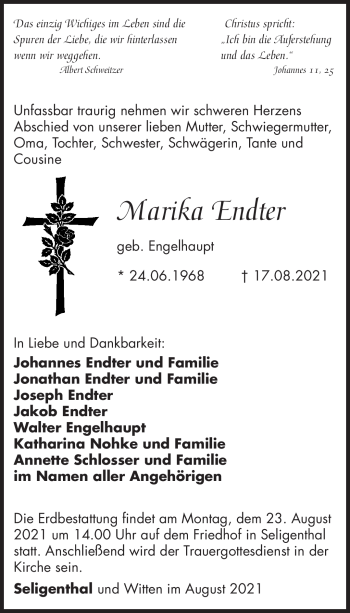 Traueranzeige von Marika Endter von Südthüringer Presse