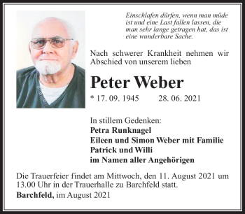 Traueranzeige von Peter Weber von Südthüringer Presse