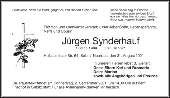 Traueranzeige von Jürgen Synderhauf von Frankenpost