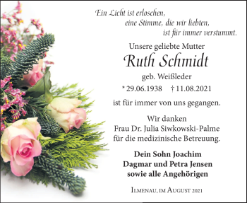 Traueranzeige von Ruth Schmidt von Südthüringer Presse