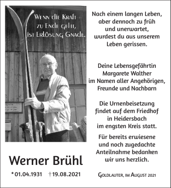 Traueranzeige von Werner Brühl von Südthüringer Presse