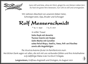 Traueranzeige von Rolf Messerschmidt von Südthüringer Presse