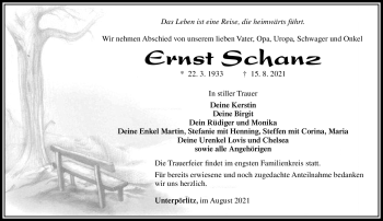 Traueranzeige von Ernst Schanz von Südthüringer Presse
