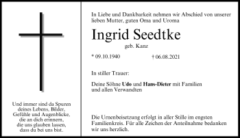 Traueranzeige von Ingrid Seedtke von Neue Presse Coburg