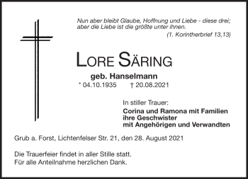 Traueranzeige von Lore Säring von Neue Presse Coburg